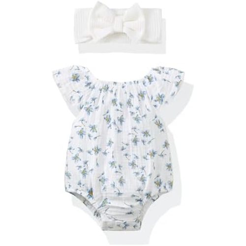 Renotemy Preemie Newborn Baby Girl Clothes Infant Cotton Linen Romper Summer Outfit for Girls Ruffle Sleeve Bodysuit Jumpsuit
