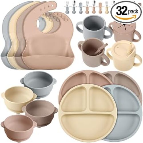 Yinder 32 Pack Silicone Baby Feeding Set Baby LED Weaning Supplies Includes Suction Divided Plates Soft Bowl Spoons Forks Adjustable Bib Snack Cup with Lid and Straws (Soft Color)