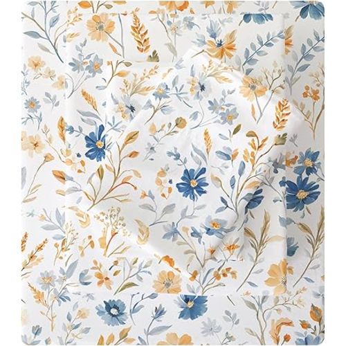 Mooreeke Cozy Vintage Microfiber Printed Twin Sheet Set - Soft & Breathable Blue Orange Floral Bed Sheets with Extra Deep Pocket - Non-Slip Fitted Design - Blue Yellow Flower Pattern