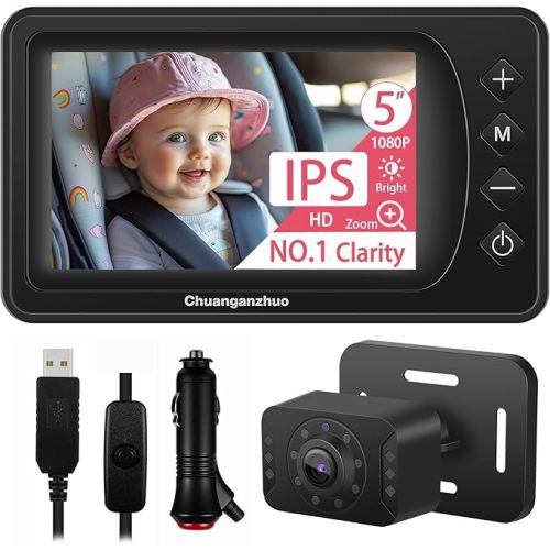 Baby Car Camera USB with No.1 Clarity, 5'' HD 1080P IPS Baby Car Monitor with 3X Zoom, Backseat/Carseat/Rear Seat Camera with Ultra Night Vision, Easy No-Damage Install, S100P(5inch Black)