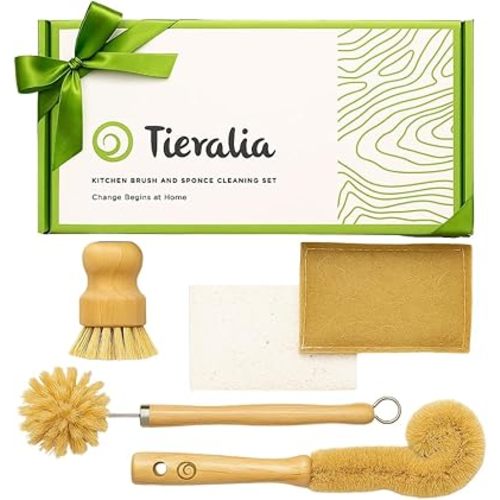 Tieralia Bamboo Dish Brush Gift Set – 5-Piece Kitchen Cleaning Set with Bottle Brush, Round Scrub Brush, Palm Brush & 2 Plant-Based Sponges | Wooden Handle Cleaning Tools for Dishes & Surfaces