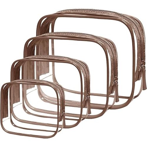 TSA Approved Toiletry Bag - Clear Makeup Bag Waterproof Quart Size Bag, Travel Makeup Cosmetic Bag for Women Men, Carry on Airport Airline Compliant (Coffee, Pack of 4)