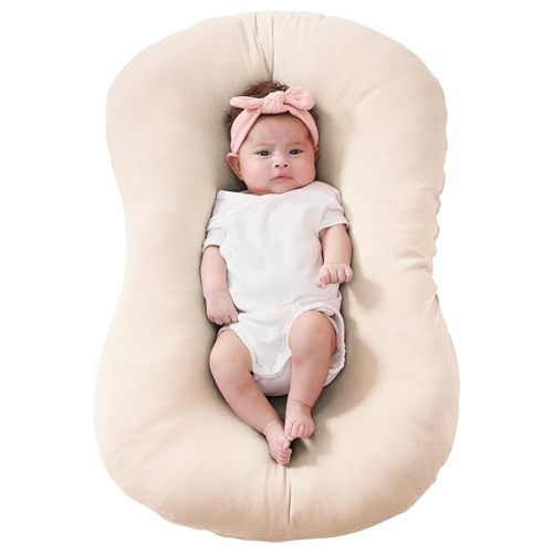 Muslin Baby Lounger Cover Only Compatible with Snuggle Me Lounger, Infant Pillow Cover for Newborn, Removable Nest Slipcover for Boys and Girls, Only Cover, Beige and Plaid