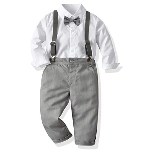 SALNIER Toddler Boy Suit Baby Boys Wedding Dress Outfit Formal Gentleman Clothes Set Dress Shirt Bowtie Suspenders Pants