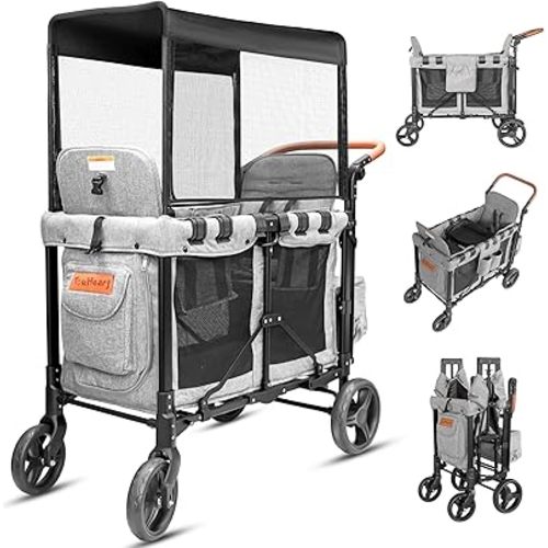 JML002 Wagon Stroller for 2 Kids - Double Seater Push Stroller with Canopy | Collapsible Foldable Wagon for Kids Toddlers & Infants with Removable Seat Pads,Grey