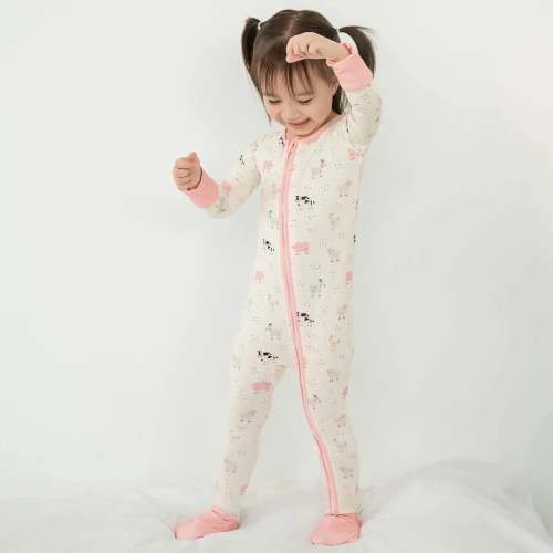 Pink Sleepy Farm Animals Bamboo Convertible Zippered Romper