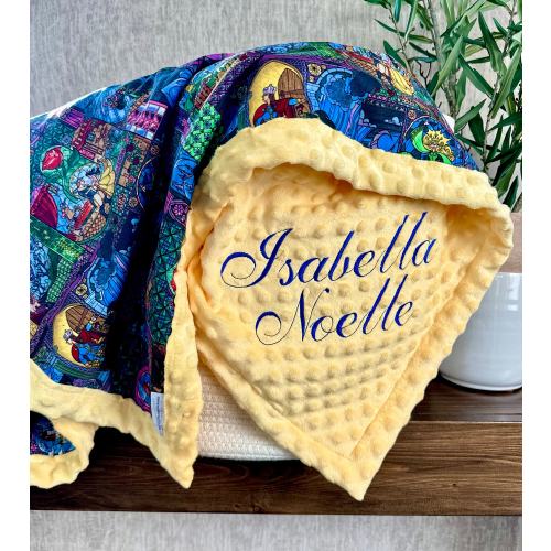 Personalized Beauty and Beast Blanket | Frame Style Border | Embroidery | Belle | Baby Shower Gift | Disney Cotton l Rose l Stained Glass