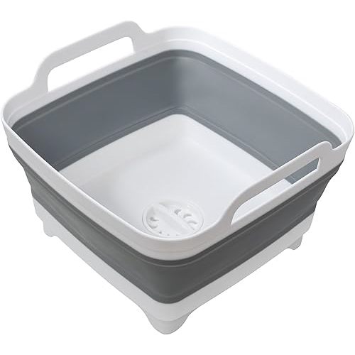 Dishpan for Washing Dishes, 2.4Gal/9L Wash Basin with Draining Plug Carry Handles, Collapsible Bucket for Cleaning, Portable Sink, Foldable Plastic Tub