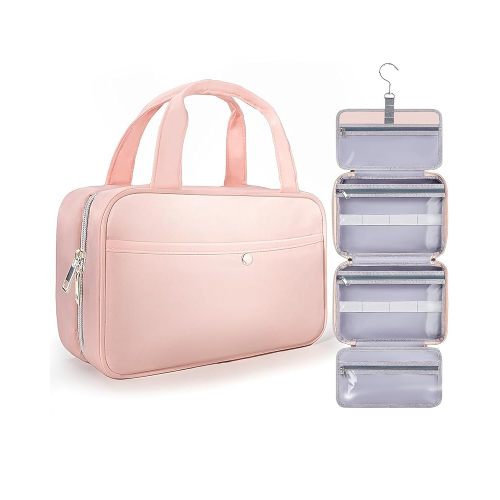 Travel Hanging Toiletry Bag for Women - Waterproof Cosmetic Organizer with Clear Window, Lightweight Bathroom Bags for Essentials, Makeup, Shampoo, Toiletries Pink, Medium