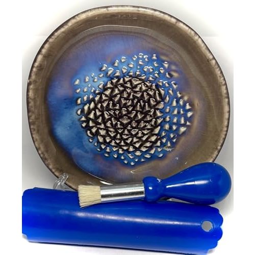 BonCera, All-in-one Premium Ceramic Garlic Grater Plate 4-Piece Set - Brown Milkyway Glazed Design - For Garlic, Ginger, Chocolate, and more! - Comes with 5.25" Plate, Peeler, Brush, and Stand