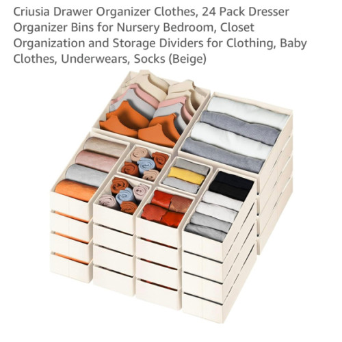 Criusia Drawer Organizer Clothes, 24 Pack Dresser Organizer Bins for Nursery Bedroom, Closet Organization and Storage Dividers for Clothing, Baby Clothes, Underwears, Socks (White)