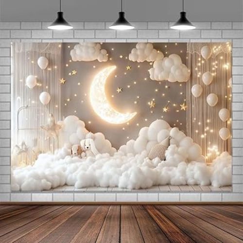 7X5ft Newborn Maternity Photo Backdrop Photography Background for Photoshoot, Indoor Boho Baby Children Portrait Moon Star Backdrops Photo Booth Prop Decorations Wall Decor Tablecloth