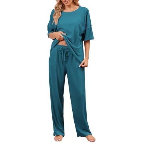 JiniGolla Womens Pajama Sets Waffle Knit Short Sleeve Shirt with Long Pajama Pants Soft Sleepwear Pj Lounge Sets