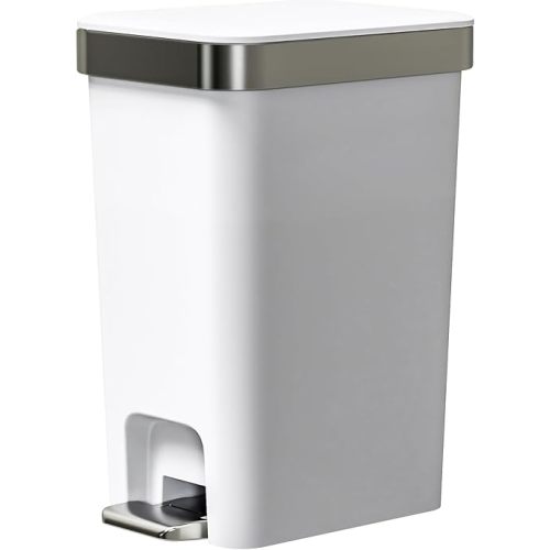 Small Bathroom Trash Can with Lid Soft Close, 10 Liter/2.6 Gallon Slim Garbage Can-Metal Step and Press top Lid, Mini Modern Waste Basket for Toilet, Office, Bedroom,Dorm,Grayish-White