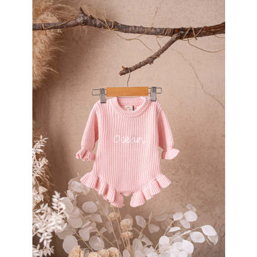 Before & Ever Handmade Personalised Baby Knit Bodysuit, Cotton Infant Romper - Baby Pink