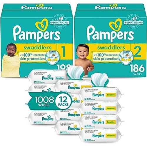 Pampers Baby Diapers and Wipes Starter Kit, Swaddlers Disposable Sizes 1 (198 Count) & 2 (186 Count) with Sensitive Water Based 12X Multi Pack Pop-Top Refill (1008 Count)
