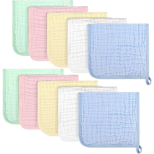 AIDEA Burp Cloths and Washcloths for Baby, Absorbent Cotton Muslin Baby Towels, Large Soft Breathable Newborn Essentials for Boys and Girls, Newborn Essentials, 10 Pack, 20"x10"