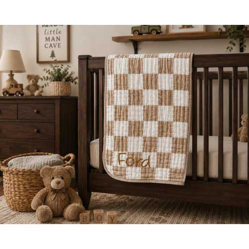 Personalized Baby Blanket | Embroidered Name Blanket | Lightweight Bamboo Cotton Swaddle | Baby Shower Gift | Baby Boy Blanket