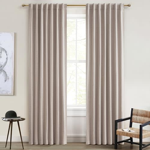 Linen Curtains 84 Inch Length 2 Panels Total Blackout for Bedroom, Sand Extra Wide patio door curtains 100 inches (2*50W*84L) Draft Blocking Insulated Drop Cloth Drapes Farmhouse Back Tab/Rings/Hooks