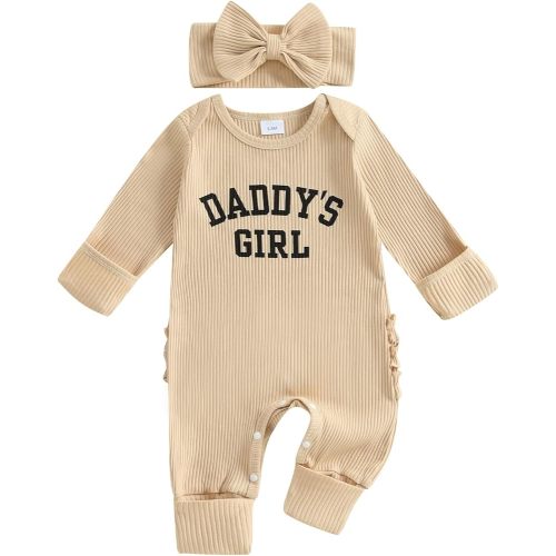 FIOMVA Im New Here Newborn Outfit Girl Long Sleeve Letter Romper Ribbed Knit Jumpsuit Baby Girl Preemie Coming Home Outfit