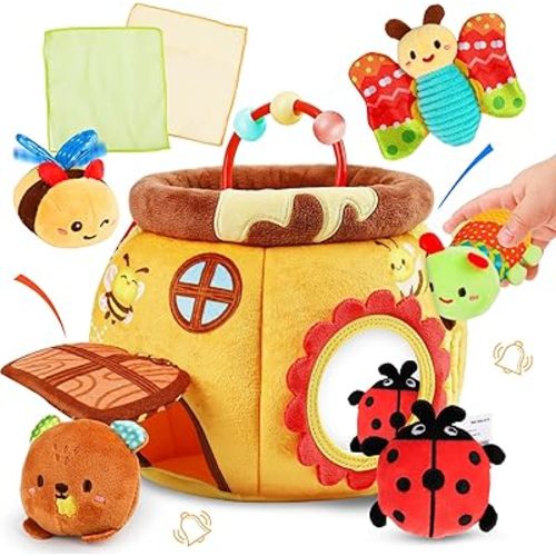 Baby Toys 6-12 Months - Soft Beehive with 5 Stuffed Animals, Rattle, Crinkle, Mirror, Montessori Sensory Toys for Babies 6 7 8 9 10 Months Old Baby Boy Girl Shower Gifts Stocking Stuffers Ages 0-2