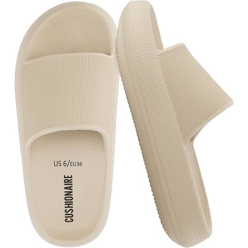 CUSHIONAIRE Feather EVA Slides for Women – Comfortable Slip On Womens Slippers, Indoor Outdoor Shower Shoes, Beach Essential Cloud Slides