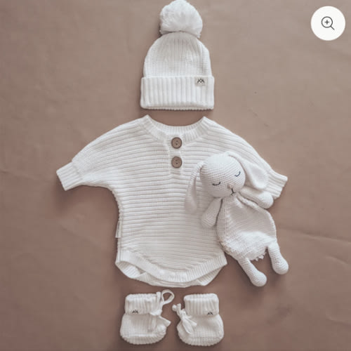 Textured Knitted Newborn Onesie, Booties, Beanie and Rabbit
