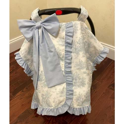 Car Seat Canopy - Blue Toile with Pale Blue Ruffle and Bow - Just Baby Designs
