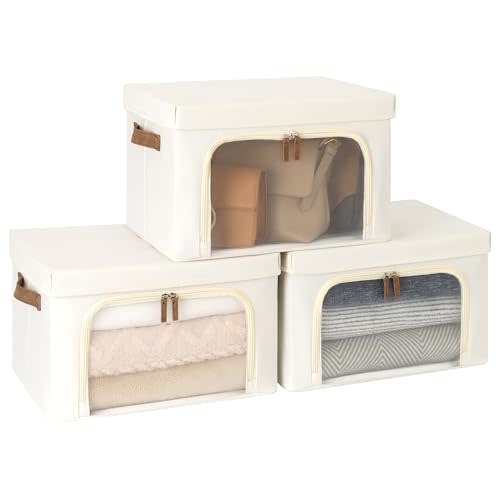 StorageWorks Storage Bins with Lids, Decorative Boxes with Clear Window for Clothes, Fabric Collapsible Baskets for Closet Organization, Medium, Beige, 3 Packs