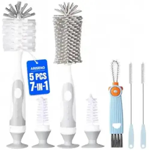 7-in-1 Baby Bottle Cleaner Set, Including Nylon & Silicone Bottle Brush, Cap, Straw & Nipple Brushes, BPA-Free (Gray)
