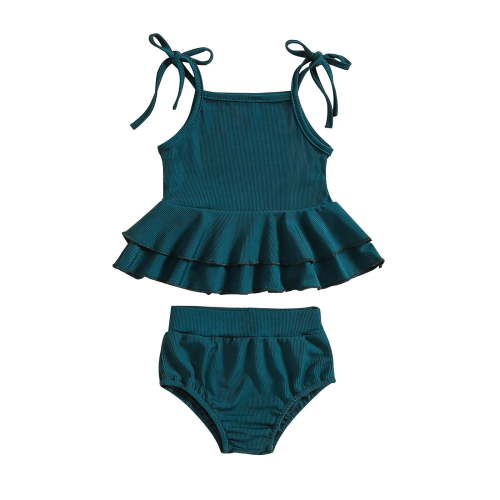 QHFBli Girls' Two Piece Swimwear Set with Adjustable Tie Shoulder Straps, Ruffled Skirted Top High Waist Bottom Ribbed Fabric Swim Suit Green 12-18 Months