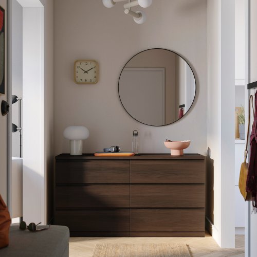 STORKLINTA 6-drawer dresser - dark-brown/oak effect anchor/unlock function 55 1/8x18 7/8x29 1/2 "