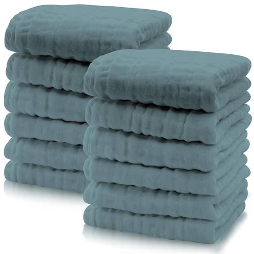 Cute Castle 12 Pack Muslin Baby Washcloths - Large 12'' by 12'' - Ultra Soft 100% Cotton - Super Absorbent Burp Cloths for Unisex, Boy, Girl -Dark Green