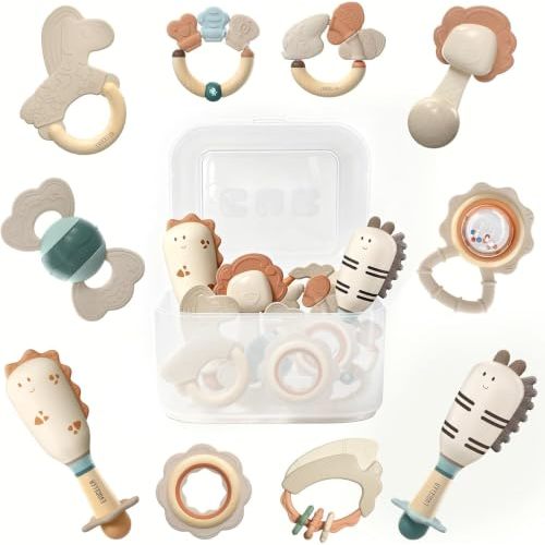 Evoceler Softness Staged Baby Teething Toys with Rattles for 0-6 Months (30° Super Soft, 50° Soft, 70° Regular) -10 Pcs Shaker Toys, Food-Grade Silicone Teethers for Babies 0-18+ Months, BPA Free