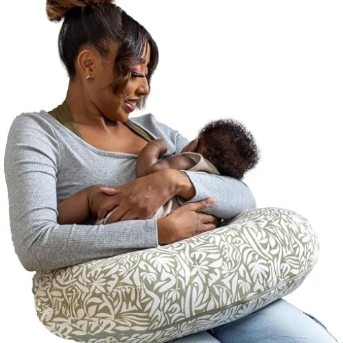 Boppy Nursing Pillow - Ergonomic Bottle & Breastfeeding Pillow, Higher, Firmer & Larger, Water-Repellent with Washable Organic Cotton Cover, Baby Safety Alliance Verified - Green Cut Out Leaves
