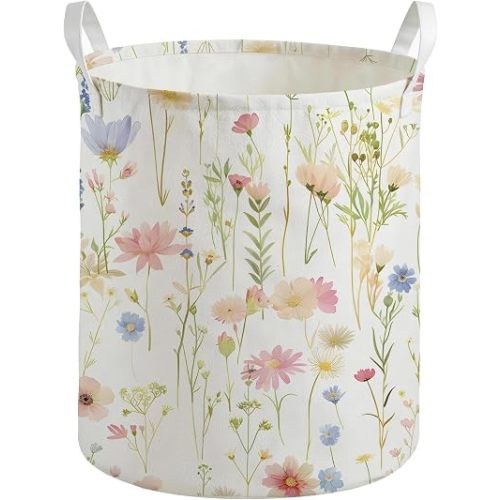 Floral Laundry Basket, Floral Bathroom Decor, Wildflower Nursery Laundry Hamper Waterproof Clothes Toys Storage Bin Organizer for Girls Bathroom Bedroom