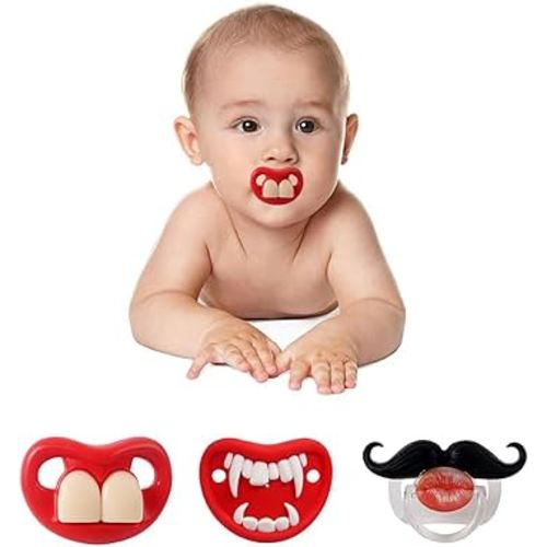 Funny Baby Pacifier, Cute Mustache Binkies, Fake Big Teeth Binky Bucktooth Halloween Pacifiers for Babies 0-36 Months, Silicone Nipple Baby Binkies, BPA-Free, Gift for Infants