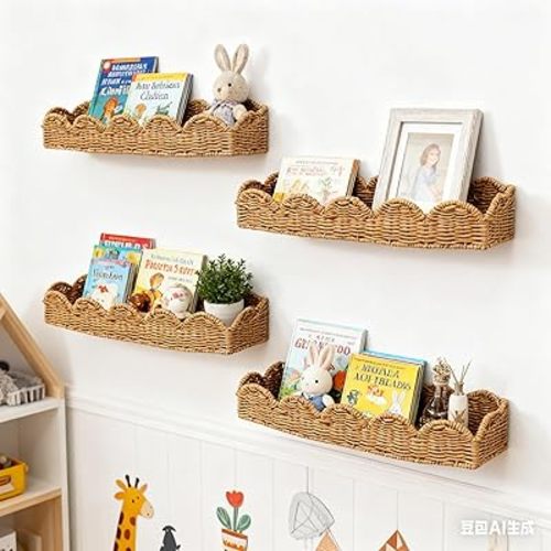 Nursery Book Shelves Set of 4 - Artisanal Natural Rattan Scalloped Book Shelf for Kids Rooms 15.8" W, Cute Wicker Nursery Bookshelf Wall Mounted, Handwoven Floating Kids Bookshelf, Baby Boho Decor