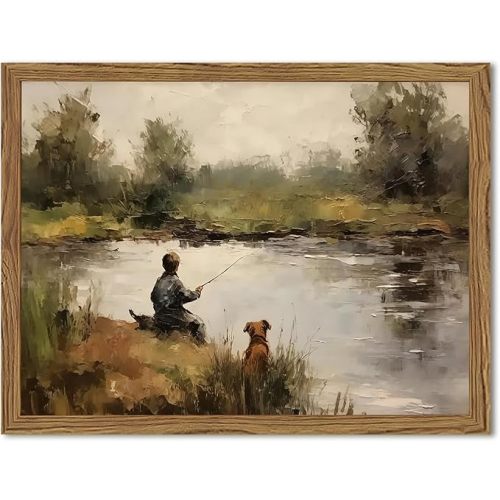 Vintage Wall Art, Boy Fishing Wall Decor Paintings, Dog and Boy Landscape Canvas Prints Vintage Country Farmhouse Artwork for Bedroom Living Room 10x8 inch Wood Framed