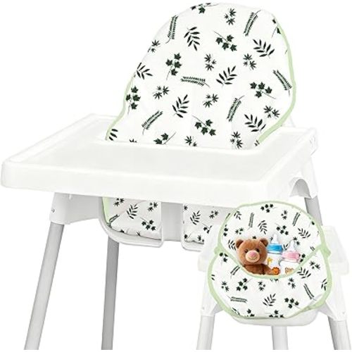 Lomgwumy for IKEA High Chair Cushion, for Antilop Cushion, with High Chair Handy Pocket Pouch, for IKEA Antilop Highchair, Cotton Soft, Baby Sitting More Comfortable (Green Leaf Pattern)