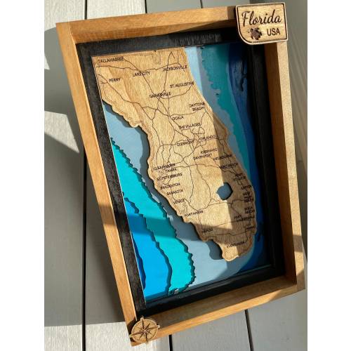 Custom Florida Map, All Wood Florida 3D Map, Towns, Water, Roads Map, 12x8x1.6in, Wood Florida Map & Bathymetry