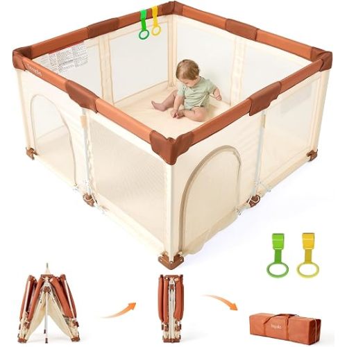 Tinyiota Foldable Baby Playpen, 50x50 Inch Portable Play Yard for Babies and Toddlers with Soft Breathable Mesh, Storage Bag & 2 Pull-Toy Handles for Indoor & Outdoor (Brown, 50x50)