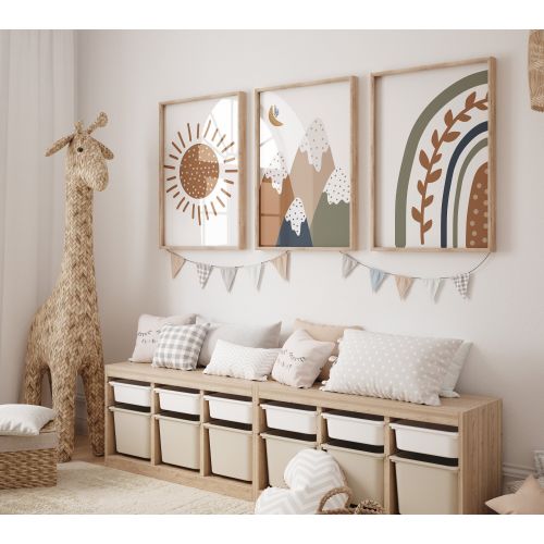 Boho nursery print set of 3,baby wall art rainbow,rainbow and mountain,boho baby nursery sunshine,nursery prints,boho rainbow nursery print