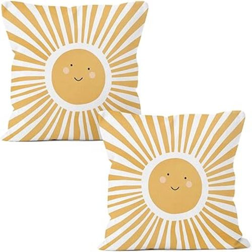 Yellow Boho Sun Throw Pillow Covers 18x18 Set of 2, Sunshine Decor Pillow Cases Gifts for Playroom Classroom Nursery Kids Room Bedroom, Bohemian Sun Decorative Pillowcases for Couch Bed Sofa