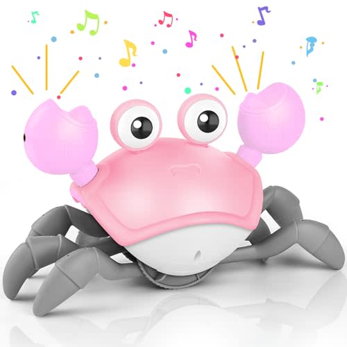 Crawling Crab Baby Toy, Tummy Time Girl Gifts for Babies 3-6 6-12 Month, Light-Up Walking Dancing Moving Crab with Music & Obstacle Avoidance, Rechargeable Musical Toys 1 Year Old Girls Gift (Pink)