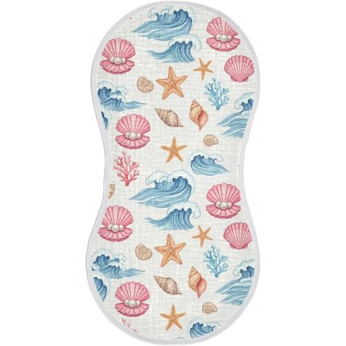 Ocean Life Seashells Waves Baby Muslin Burp Cloths for Newborn Boys Girls, 4 Layer Cotton Soft Absorbent Baby Burping Washcloths 2 Pack