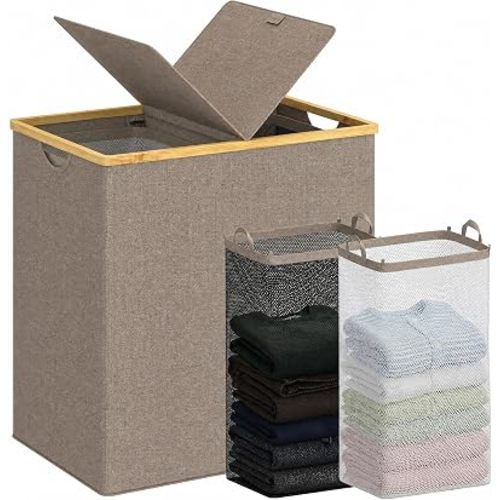 efluky Laundry Hamper with Lid, Double Laundry Basket with 2 Removable Bags, 2 Section Laundry Bin with Bamboo Handles for Bathroom, Bedroom & Laundry Room, 140L (36.9 Gallon) Brown