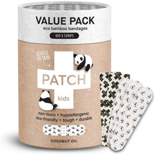 PATCH 100 Pieces Bandage Value Pack, Infused with Coconut Oil, Kids Panda Eco-Friendly Bamboo Adhesive Bandages for Scratches & Grazes, Hypoallergenic Wound Care for Sensitive Skin, Biodegradable