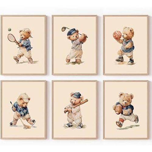 Teddy Bear Nursery Wall Art Baby Boy Room Canvas Wall Decor Vintage Sports Nursery Art Prints Boy Teddy Bear Poster Baby Pictures Painting for Toddler Children Playroom 8x10 Inch Unframed Set of 6