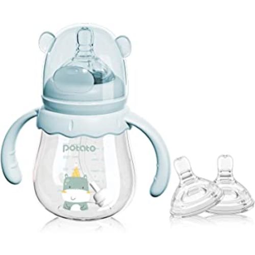 POTATO Glass Baby Bottles, Anti-Colic Breastfeeding Bottles with Medium Flow Nipple, Suitable for Babies 3-6 Months, 2 Replaceable Nipples, 6 oz, Blue